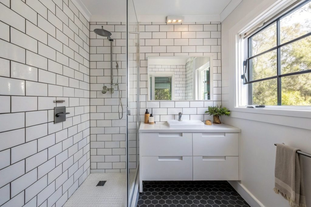 White subway tile wall installation in modern Hobart bathroom shower