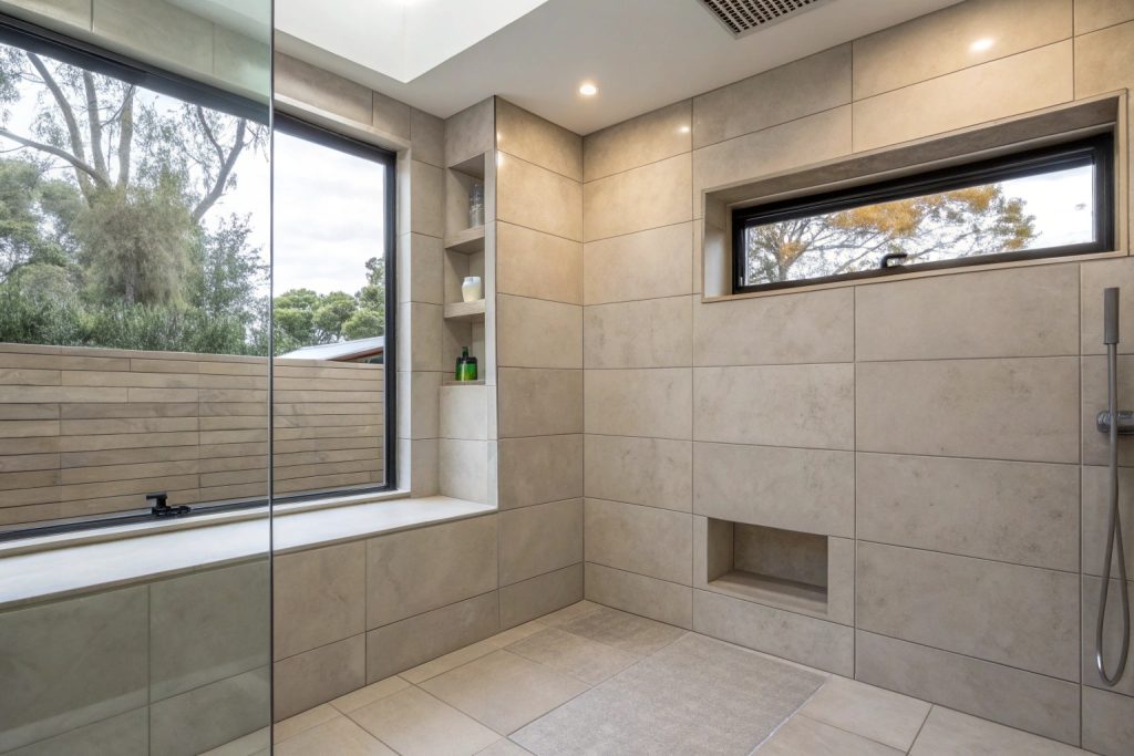 Large format wall tiles with built-in niche in renovated Hobart bathroom