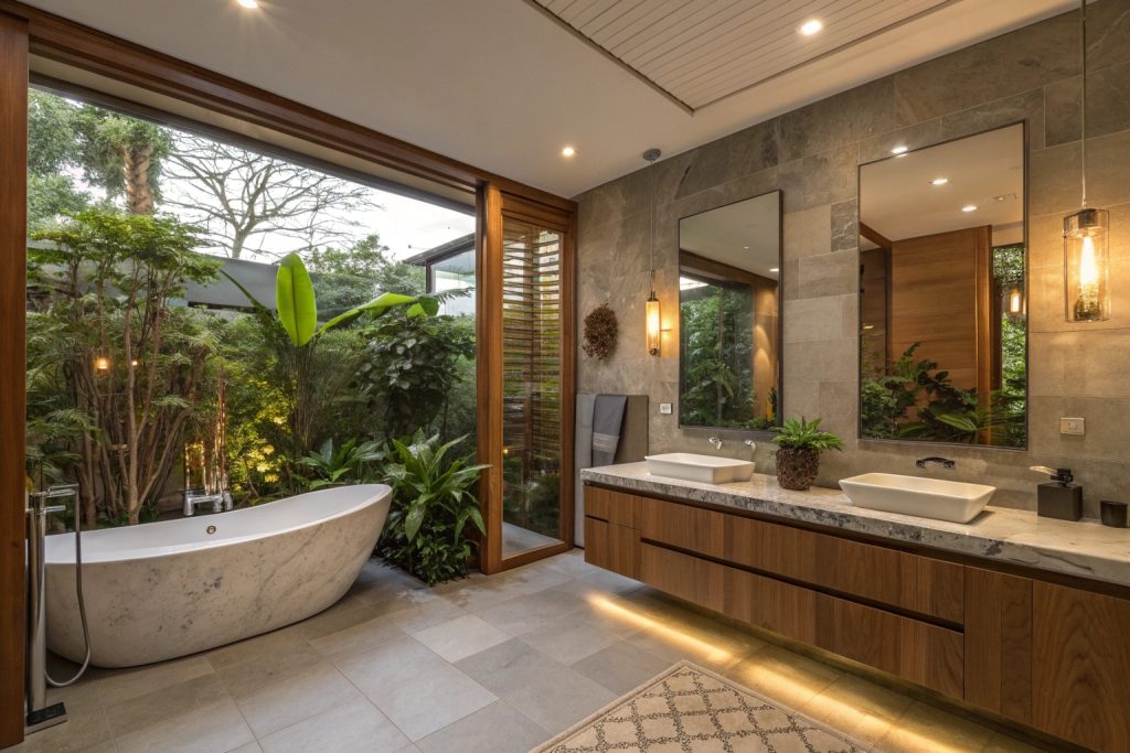 Resort-style luxury bathroom with ambient lighting and natural materials in Hobart