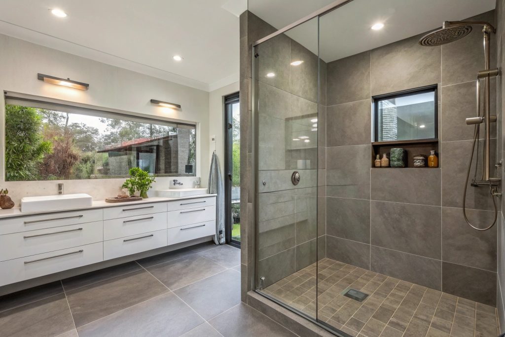 Full-height wall tiling in contemporary walk-in shower Hobart