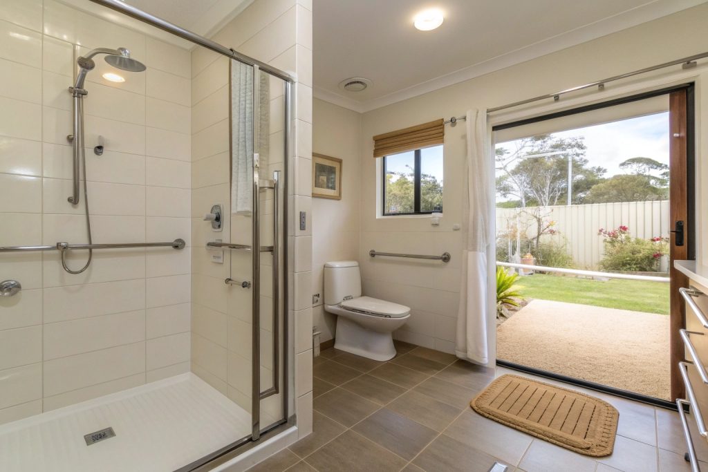 Complete accessible bathroom renovation with walk-in shower and safety features Hobart