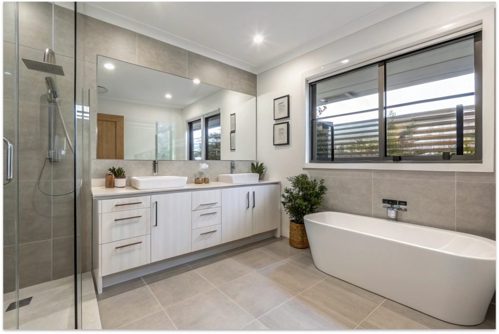 Bright family bathroom with light grey floor tiles, clean grout throughout, modern fixtures