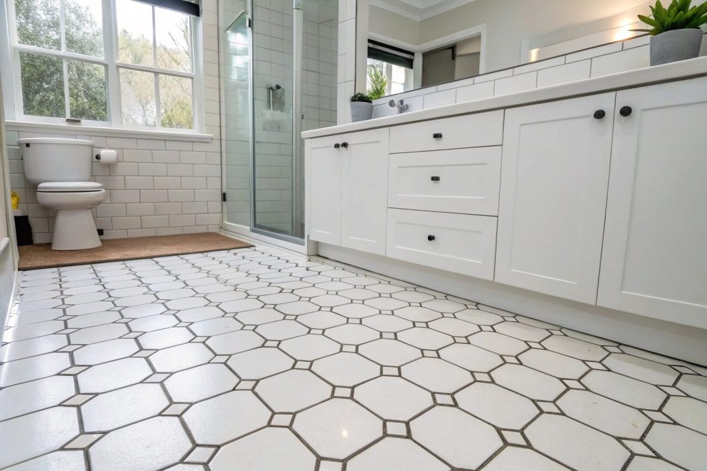 Bathroom tiled floor in Hobart showing quality tile installation