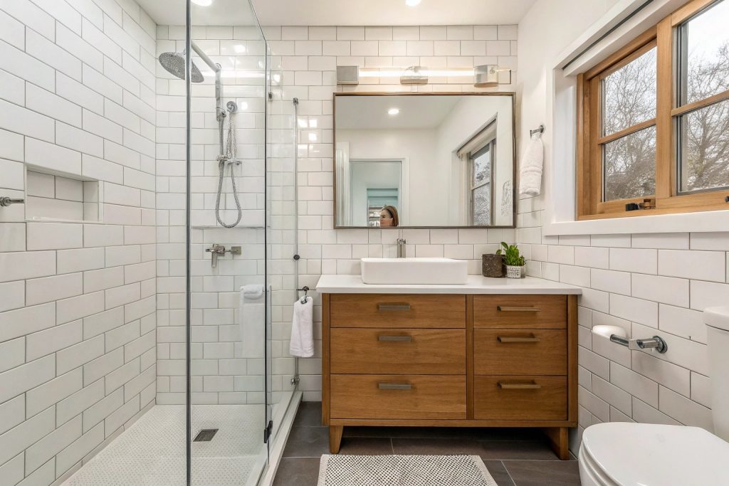 Modern small bathroom renovation with walk-in shower Hobart