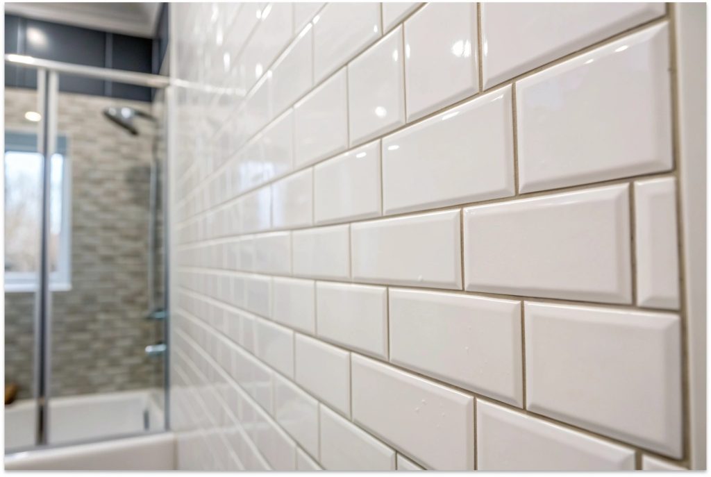 bathroom shower tiles with pristine white grout lines, sealed grout surface