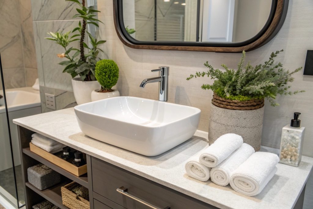 Contemporary bathroom vanity detail with modern tapware Hobart makeover