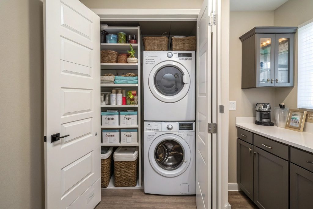 Space-saving stacked laundry design with vertical storage for compact Hobart homes