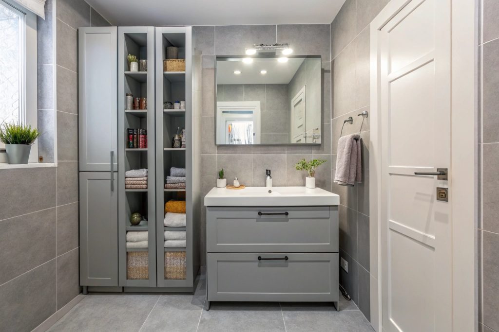 Compact bathroom design with vertical storage and large mirror Hobart