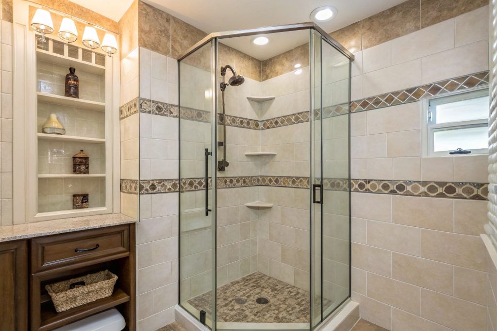 Space-saving corner shower design with semi-frameless glass panels