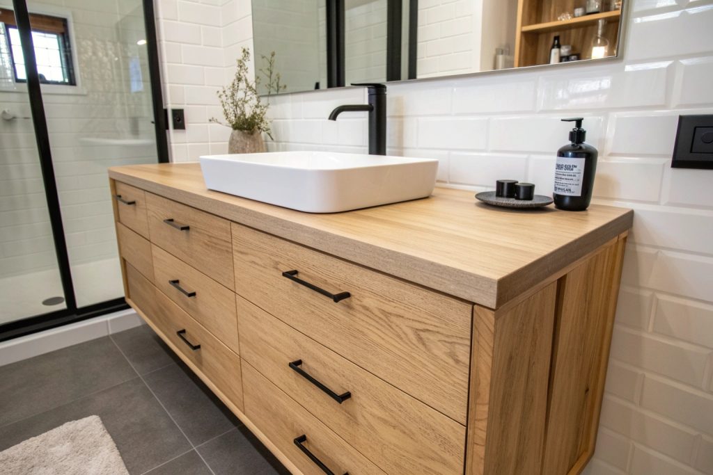 Floating timber vanity installation with matte black fixtures in Hobart bathroom