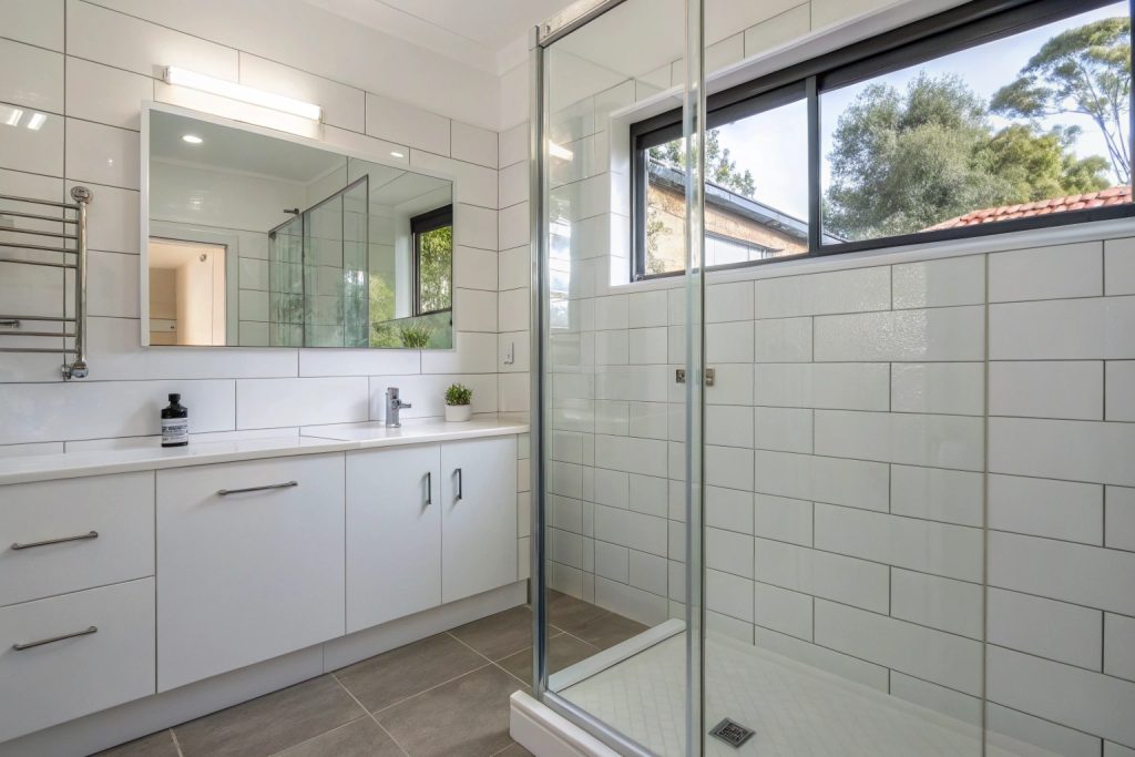 Modern tiled bathroom in Hobart home ready for waterproofing