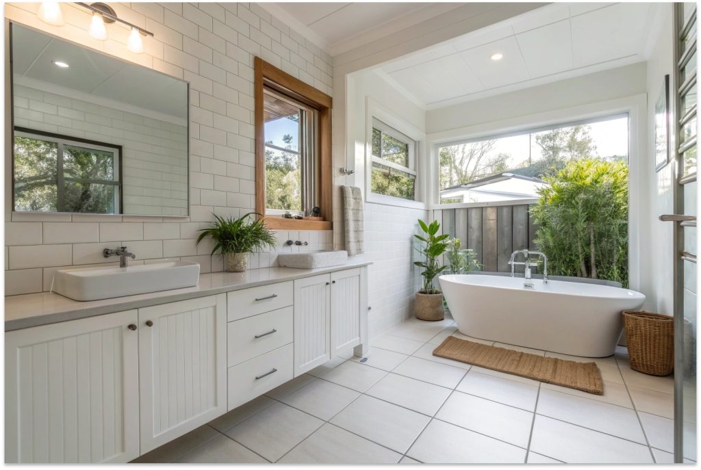 Modern Australian bathroom with clean white floor tiles and fresh light grey grout lines