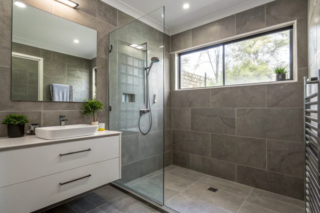 Modern walk-in shower with frameless glass and grey tiles in Hobart bathroom renovation