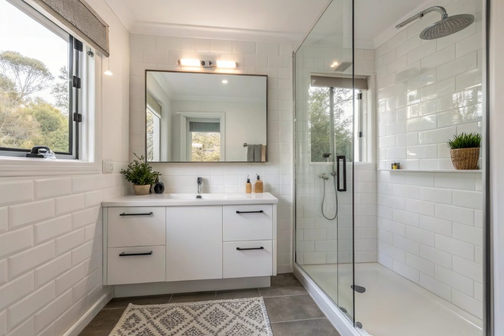 Small bathroom renovation Hobart with floating vanity and frameless shower