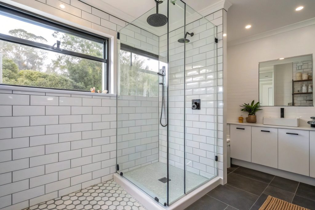 Frameless walk-in shower installation with clear glass in modern Hobart bathroom