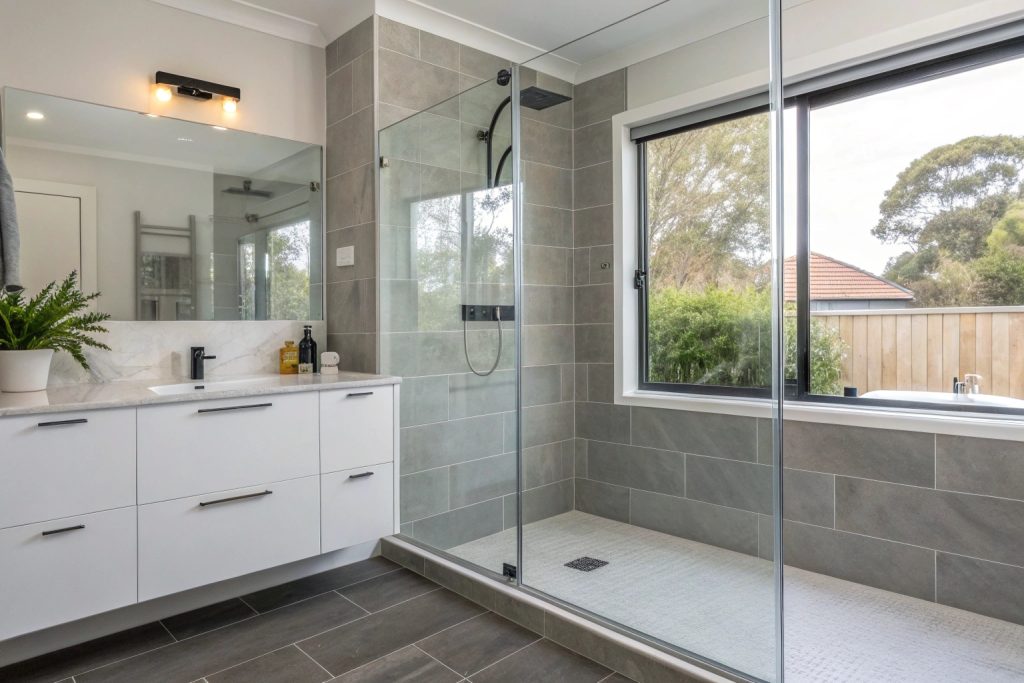 Modern walk-in shower with frameless glass in Hobart ensuite renovation