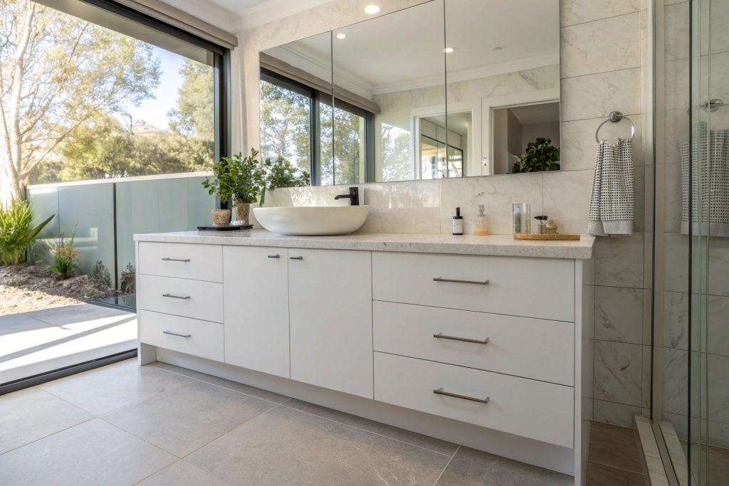 Modern bathroom vanity with stone benchtop installed in Hobart home