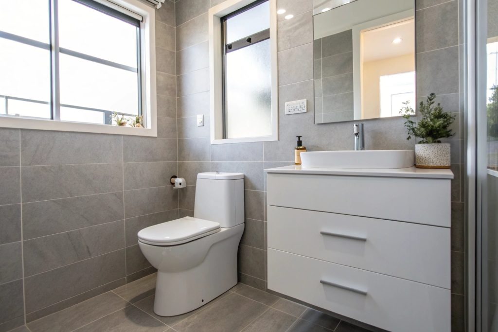 Modern toilet installation in Hobart bathroom with contemporary grey tiles