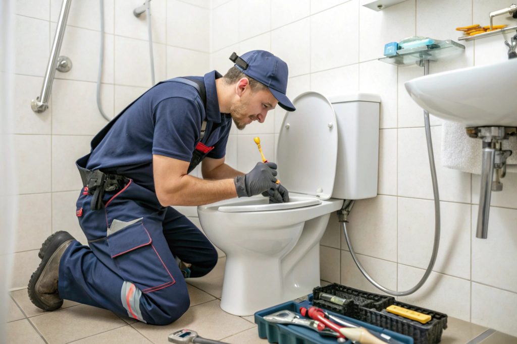 Licensed plumber installing new toilet in Hobart home