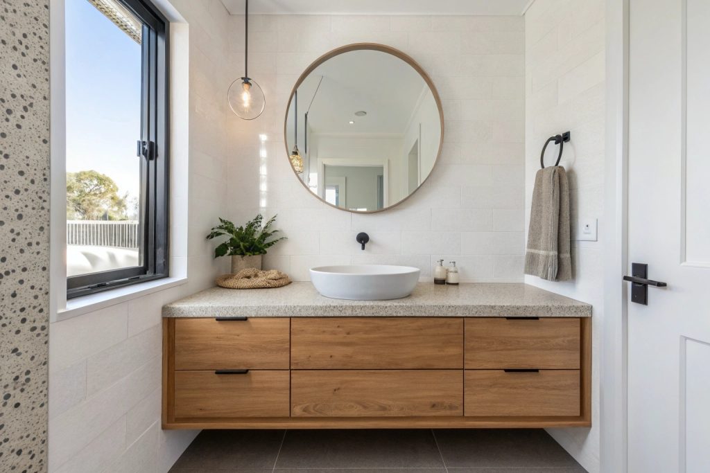 Updated bathroom with floating vanity and stone benchtop Hobart
