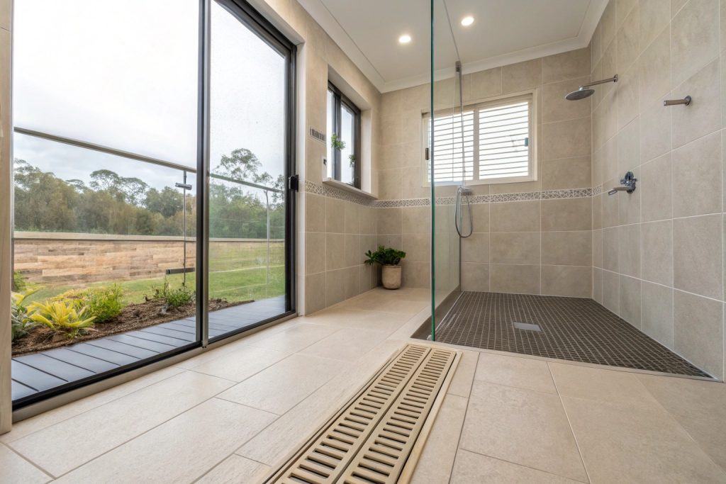 Wet room style walk-in shower with linear drain in contemporary bathroom