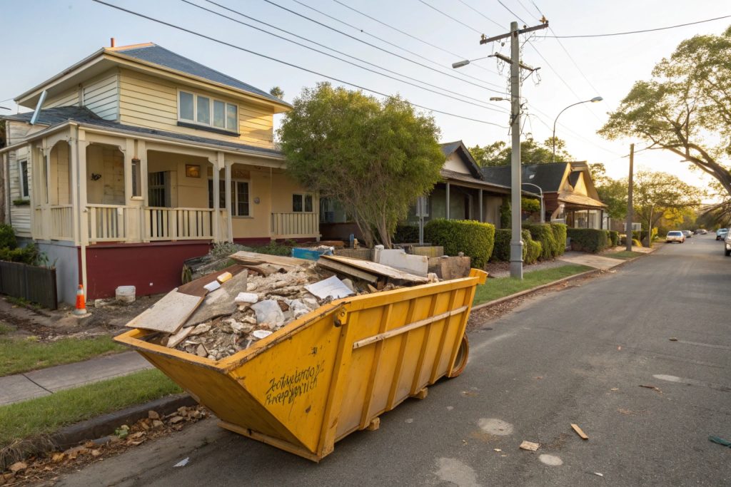 Waste removal skip bin for bathroom demolition at Tasmanian home