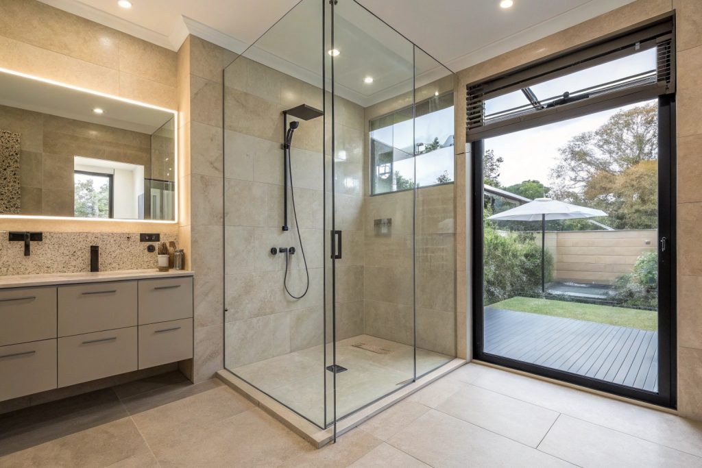 Contemporary walk-in shower installation Sandy Bay bathroom renovation