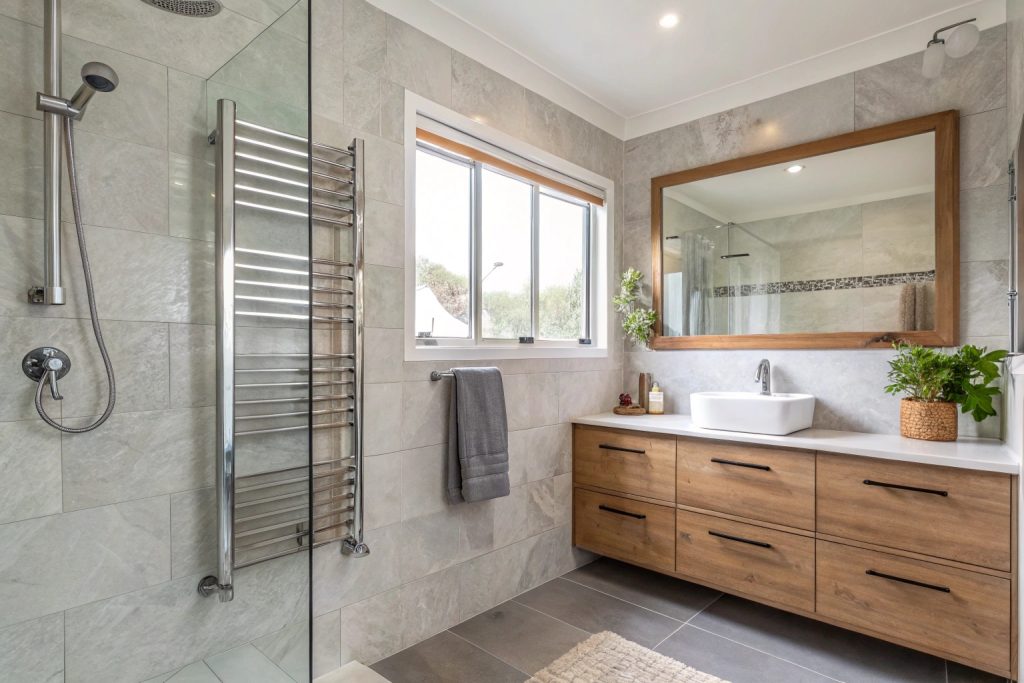 Modern bathroom renovation with rainfall shower and heated towel rail in an eastern shore Hobart home