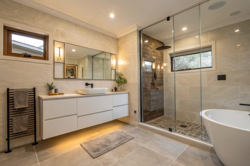 Completed bathroom renovation in a Montagu Bay home featuring heated floors and frameless shower screen